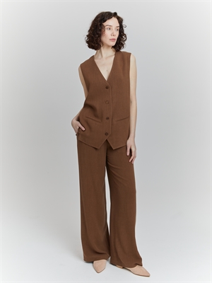 Удлиненный женский жилет из льна коричневого цвета от COSHENE, комфортный и модный